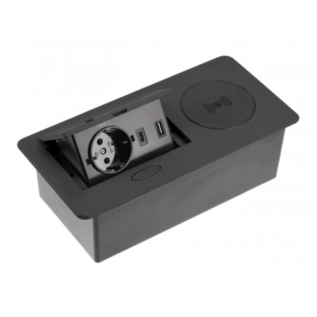Удлинитель встраиваемый в стол AVARO PLUS, 1x гнездо SCHUKO, USB A+C, индукционная зарядка 5W, кабел