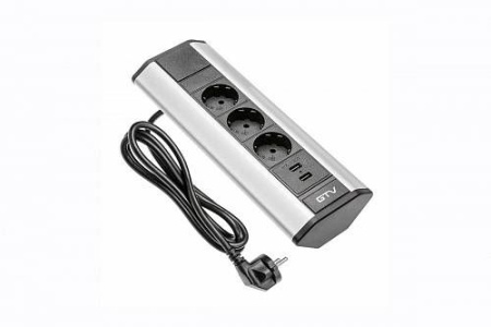 Удлинитель угловой 3 розетки AE-PBKT3S2U-80 (Schucko) 2xUSB, серый, с проводом 1,5 метра