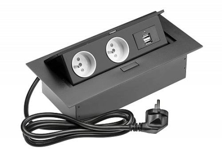 УДЛИНИТЕЛЬ ДЛЯ ОФИСА - 2X  РОЗЕТКА С ЗАЗЕМЛЕНИЕМ, 2XUSB, + ПРОВОД 1,5 МЕТРА С ВИЛКОЙ, ЧЕРНЫЙ