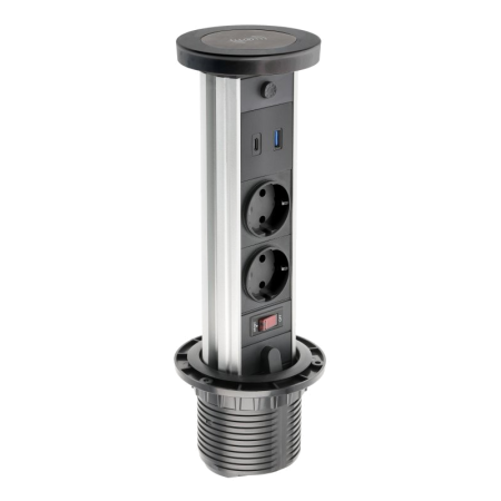 Удлинитель встраиваемый в стол CAMINO 100mm, 2x гнезда SCHUCKO, USB A+C, индукционная зарядка 10W, с