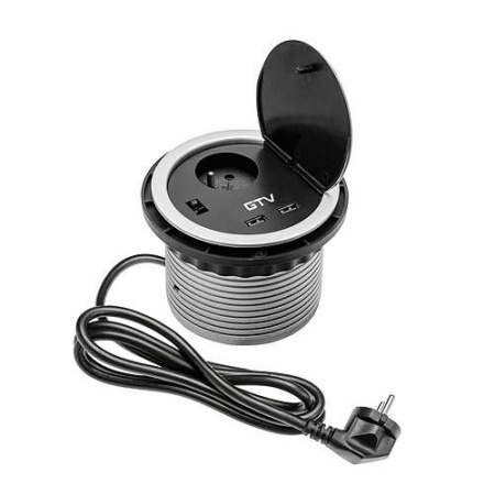 Удлинитель круглый врезной 1 розетка CHARGER AE-BPW1U2UCH-80 (French) 2xUSB 5V 2A, с проводом 1,5м, 