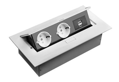 Удлинитель прямоугольный врезной 2 розетки AE-PBU02GS-10 (Schucko) 2xUSB, белый без провода