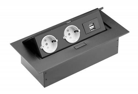 Удлинитель прямоугольный врезной 2 розетки AE-PBU02GS-20 (Schucko) 2xUSB, черный, без провода