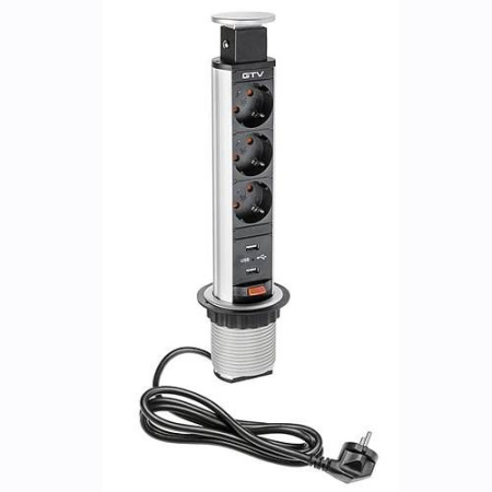 Удлинитель выдвижной 3 розетки AE-BPW3S60U-80 (Schucko) 2xUSB, серый, с проводом 1,5 метра